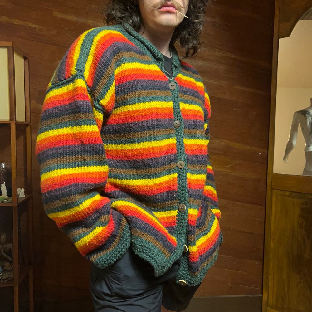 VINTAGE 90s Rainbow Crafts Hand Knit Cardigan Size 2XL Oversized Cotton